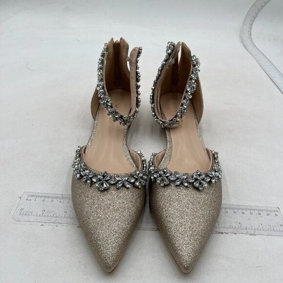 XYD Light Gold Glitter Pointed Toe D'Orsay Wedding Flat Rhinestones Sandal - Picture 3 of 8